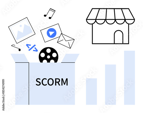 SCORM concept. SCORM facilitates eLearning with multimedia files for courses and analytics. SCORM supports interoperability for training, tutorials, and educational platforms. Perfect for eLearning