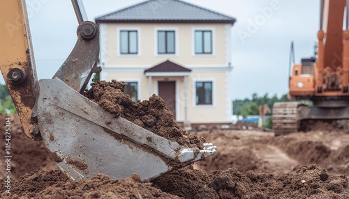 Heavy excavator digging a foundation trench for new house construction
