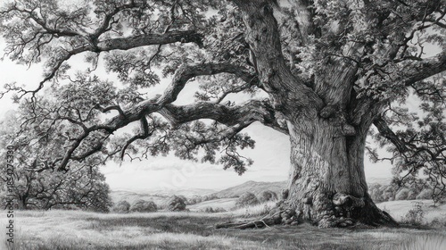 Monochrome landscape with a large tree
