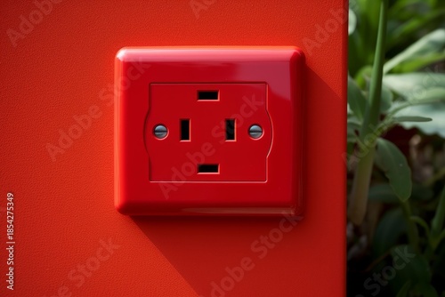 Red weatherproof power outlet for safely connecting electricity outdoors, with green plants in background