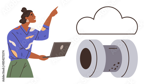 Woman holding a laptop and pointing upwards towards a cloud icon near industrial pipework. Ideal for technology, innovation, cloud computing, connection, data flow, industrial process, modern design