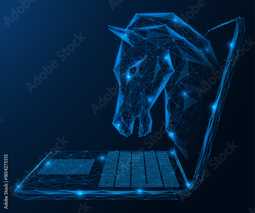 Trojan network, screen penetration. A horse's head grows out of the laptop screen. The concept of feeling a hidden threat, hacking and unauthorized access. Polygonal design, blue background.