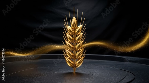 Golden metallic wheat ear on dark background with glowing particles