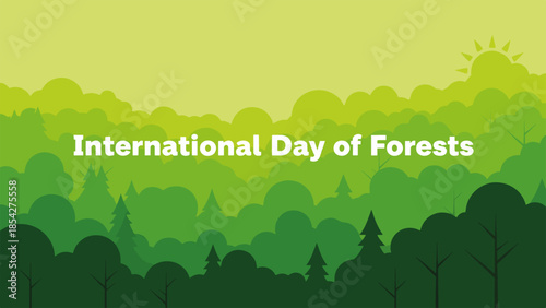 Flat forest layers and trees with bright green palette representing International Day of Forests, scenic view includes diverse foliage, sun on horizon creating vibrant landscape.