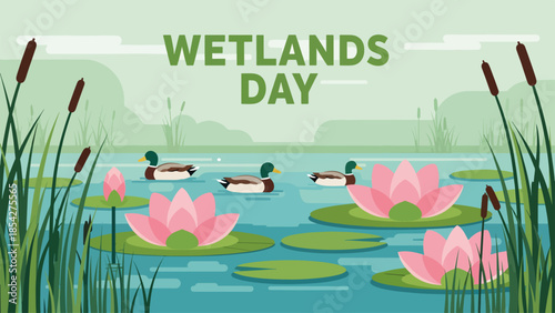 Swamp with ducks swimming, pink lotus flowers blooming and reeds in green-blue pastel background. Swamp scene features calm water, vibrant flowers, and tranquil wildlife.
