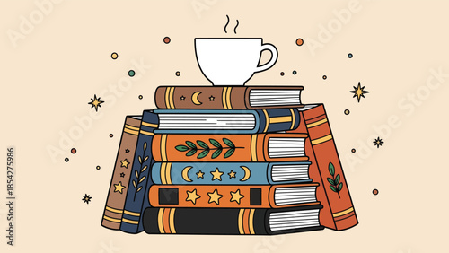 Cozy reading nook with steaming cup of coffee on stack of colorful books