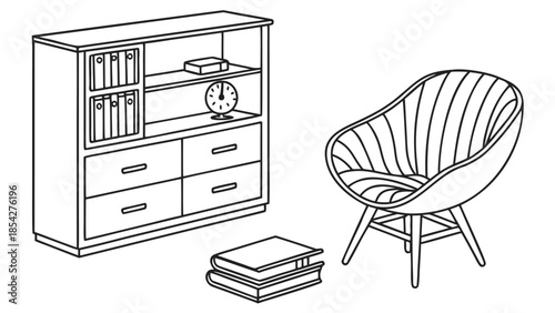 Furniture Vector Line Art Icon Set, Clean CAD Outline Interior Design Elements Isolated on White Background