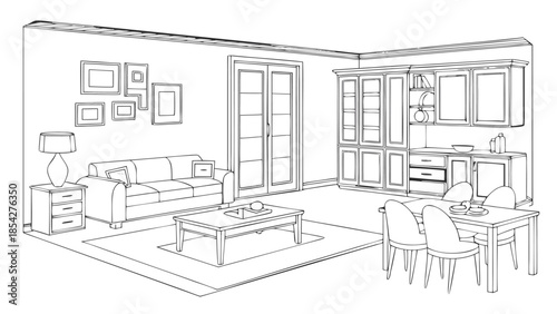 Furniture Vector Line Art Icon Set, Clean CAD Outline Interior Design Elements Isolated on White Background