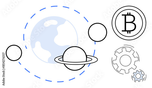 Cryptocurrency, planetary systems, blockchain technology, digital finance, innovation, futuristic ideas. Planet with orbit lines and Bitcoin symbol. Cryptocurrency and planetary systems concept