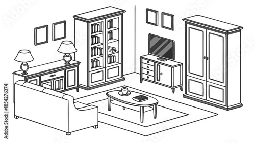 Furniture Vector Line Art Icon Set, Clean CAD Outline Interior Design Elements Isolated on White Background