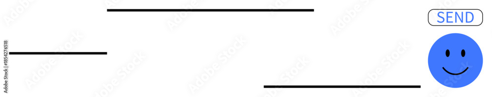 Fototapeta premium Digital communication. Minimalistic layout showing chat interface elements thumbs up text lines, Send button, and blue happy. Digital communication for apps, messaging, UX design, interfaces