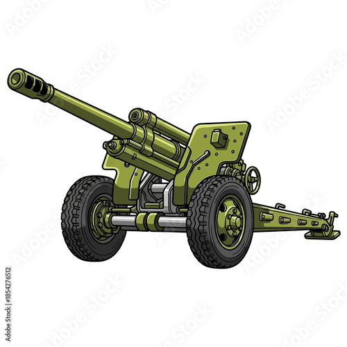 Classic green military artillery cannon illustration, a powerful representation of historical warfare technology and strategic defense concepts on the battlefield