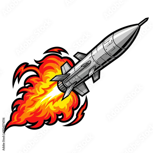 Vibrant and dynamic illustration of a sleek metallic rocket launching skyward with a powerful burst of fiery exhaust, symbolizing rapid progress, innovation, and ambitious aspirations for the future