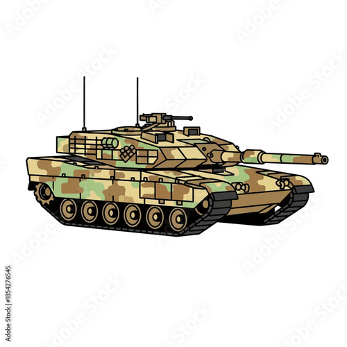 Military battle tank with camouflaged exterior and detailed tracks and turret
