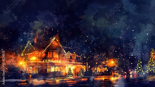 Charming vintage christmas street scene  a watercolor depiction of festive ambiance and cheer