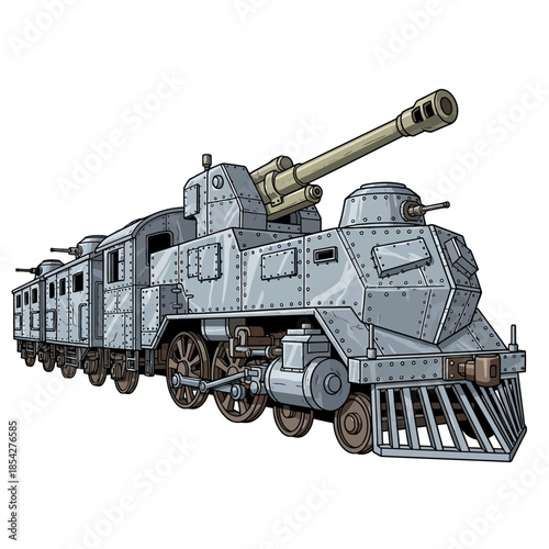 Intricate illustration of a formidable armored train, equipped with heavy artillery and protective plating, evoking a historical military concept or steampunk fantasy vehicle