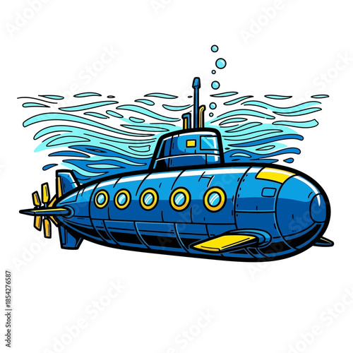 Playful blue submarine illustration cruising beneath wavy ocean currents, symbolizing deep-sea travel and the thrill of aquatic journeys and marine exploration