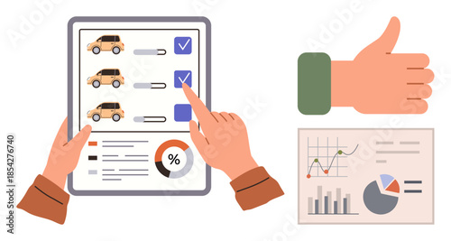 Hands evaluating car options on a checklist with graphs, thumbs-up icon, and charts. Ideal for decision-making, data analysis, business approval, vehicle comparison, reports, process optimization