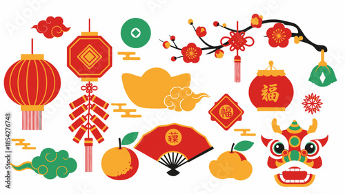 Chinese New Year Celebration Elements: Lanterns, Firecrackers, Dragon, Fan, Lucky Symbols