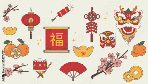 Chinese New Year Celebration Icons: Dragon, Lantern, Firecrackers, Oranges, Fan