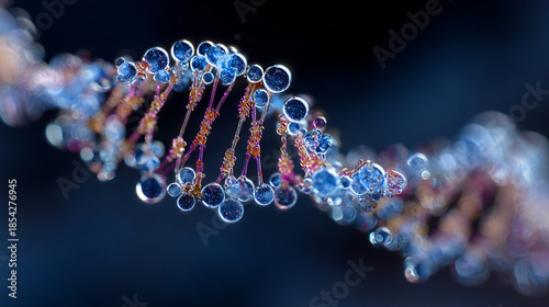 Artistic DNA helix in red hues with transparent beads, evoking AI-driven bioinformatics, CRISPR editing, and molecular beauty. Clean, premium, science-forward visual