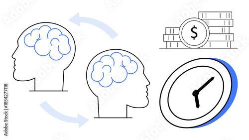 Time management, productivity, financial planning, decision-making, cognitive processes, business strategy. Two thinking human profiles, clock and stacked coins. Time management and productivity