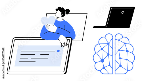 Online education, artificial intelligence, neural networks, digital interaction, mental wellbeing, virtual learning. Person interacting with content on a tablet with a heart illustration. Online