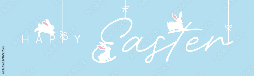 Naklejka premium Easter horizontal banner with white bunny silhouettes, flowers and eggs on light colour pastel background, spring holiday vector with happy easter text