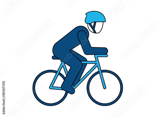 A simple blue illustration depicts a cyclist riding a bicycle in a dynamic pose high quality