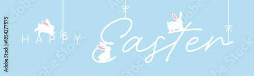 Easter horizontal banner with white bunny silhouettes, flowers and eggs on light colour pastel background, spring holiday vector with happy easter text
