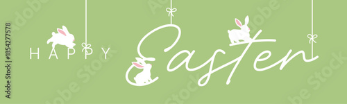 Easter horizontal banner with white bunny silhouettes, flowers and eggs on light colour pastel background, spring holiday vector with happy easter text