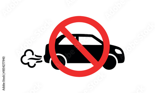 A red prohibition sign depicting a black car with exhaust fumes indicating no vehicles allowed