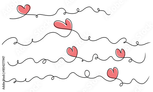 Hand Drawn Pink Hearts on Continuous Line Wave for Romantic Concepts and Valentine's Day Theme