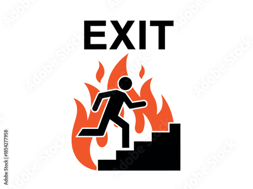 An emergency exit sign depicts a person running from a fire indicating immediate evacuation high quality