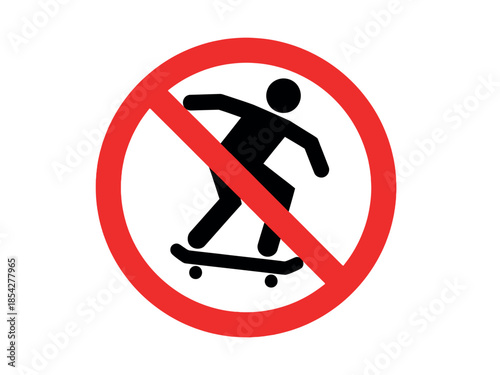 A red prohibition sign displays a black silhouette of a person skateboarding indicating no skateboarding