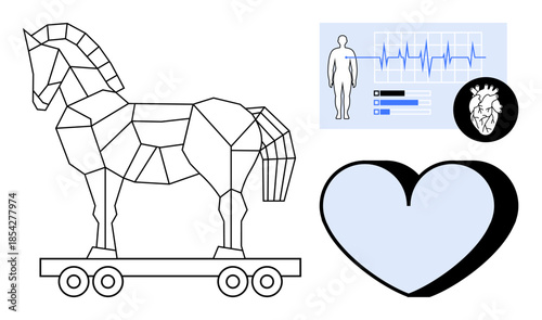 Cybersecurity, health data protection, information security, online risks, data analysis, digital safety. Geometric Trojan horse, EKG monitor heart symbol. Cybersecurity and health data protection
