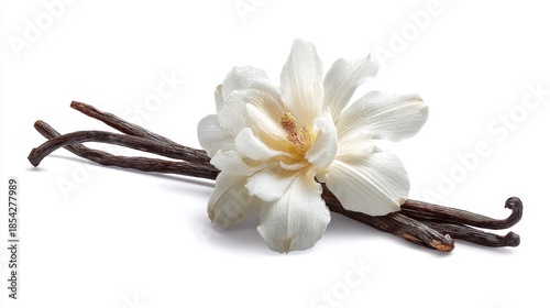 A flower rests on two vanilla pods on a white surface. The flower has soft petals. The vanilla sticks lie alongside the flower adding a natural touch.