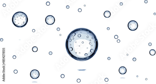 Realistic blue water bubbles and transparent drops pattern on white background for clean hygiene or cosmetic design vector illustration