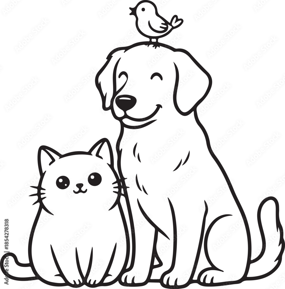 Obraz premium Happy cartoon dog, friendly cat, and a small bird sitting together in a charming line art illustration, pet companionship