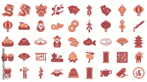 Chinese New Year Icons: Dragon, Lanterns, Food, Fortune Symbols, Pixel Art
