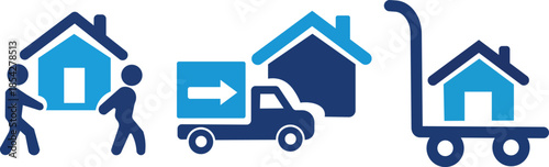 home moving and relocation process icons set with truck movers and house transportation symbols isolated on white background.