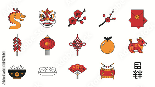 Chinese New Year Icons: Dragon, Lion Dance, Lantern, Firecrackers, Dumplings, Orange, Dog
