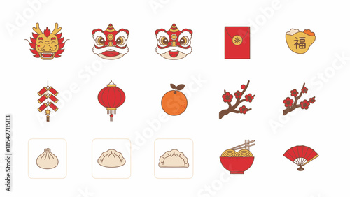Chinese New Year Icons: Dragon, Lion Dance, Red Envelope, Lanterns, Food, Fortune