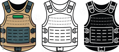 Bulletproof Vest silhouette & Outline and illustration set isolated on transparent background