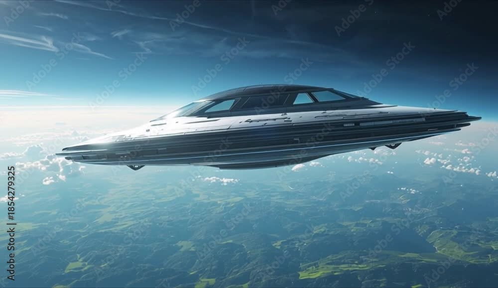 custom made wallpaper toronto digitalFuturistic UFO Hovering Above Fields – Metallic Disc-Shaped Spacecraft with Dome and Glowing Lights