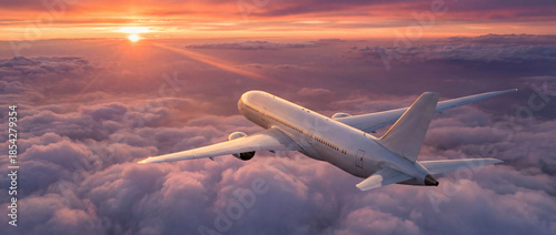 Aerial view of an airplane cruising above clouds under warm sunset sky, pastel orange and pink tones,