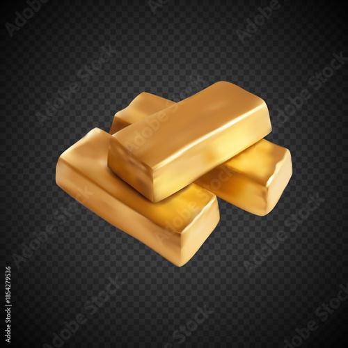 Three realistic golden bar on a black transparent background.3d golden bars on a transparent background