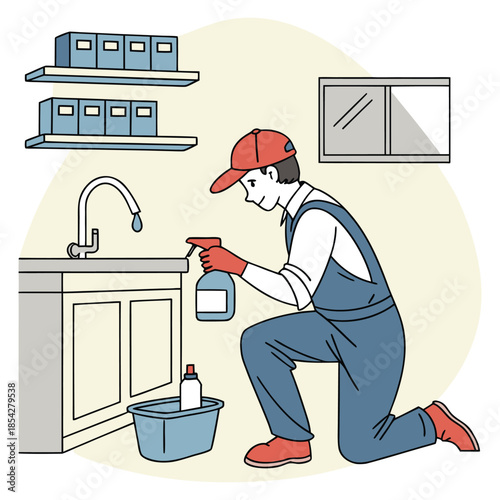 Professional Cleaner Tidying Under Kitchen Sink