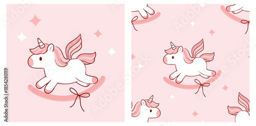 Cute unicorn rocking toy illustration with wings and bow details in soft pink pastel tones, designed as a seamless pattern and character artwork for children’s products, fabric, and playful decorative