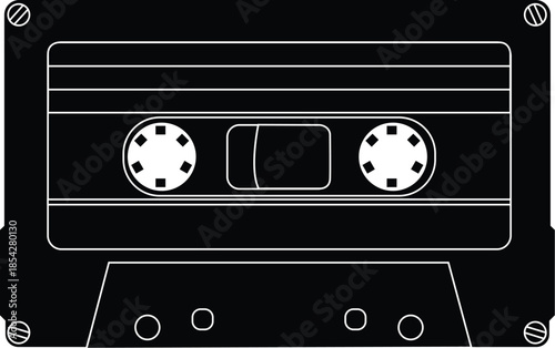Minimalist vector illustration of a vintage black cassette tape icon isolated on a white background, perfect for retro music, 1980s nostalgia, and old school audio technology design projects.